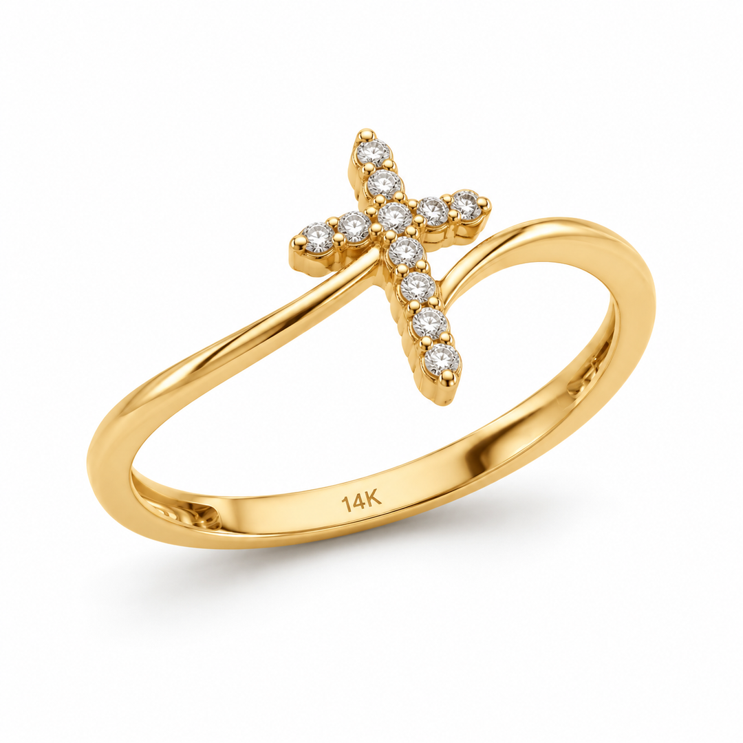 14K CZ Yellow Gold Cross Ring