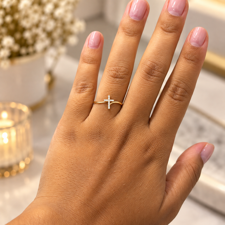14K CZ Yellow Gold Cross Ring