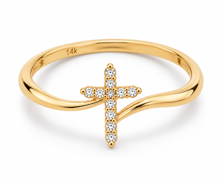 14K CZ Yellow Gold Cross Ring