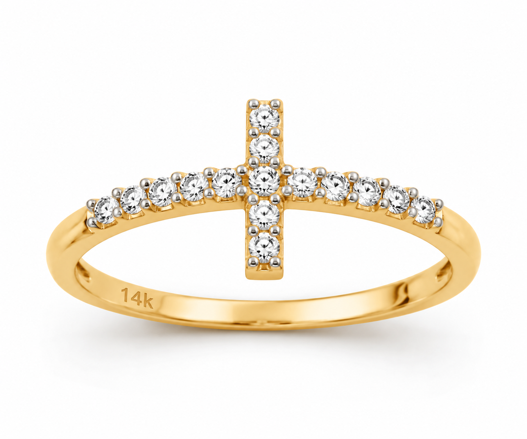 14K CZ Yellow Gold Full Cross Ring
