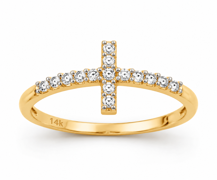 14K CZ Yellow Gold Full Cross Ring