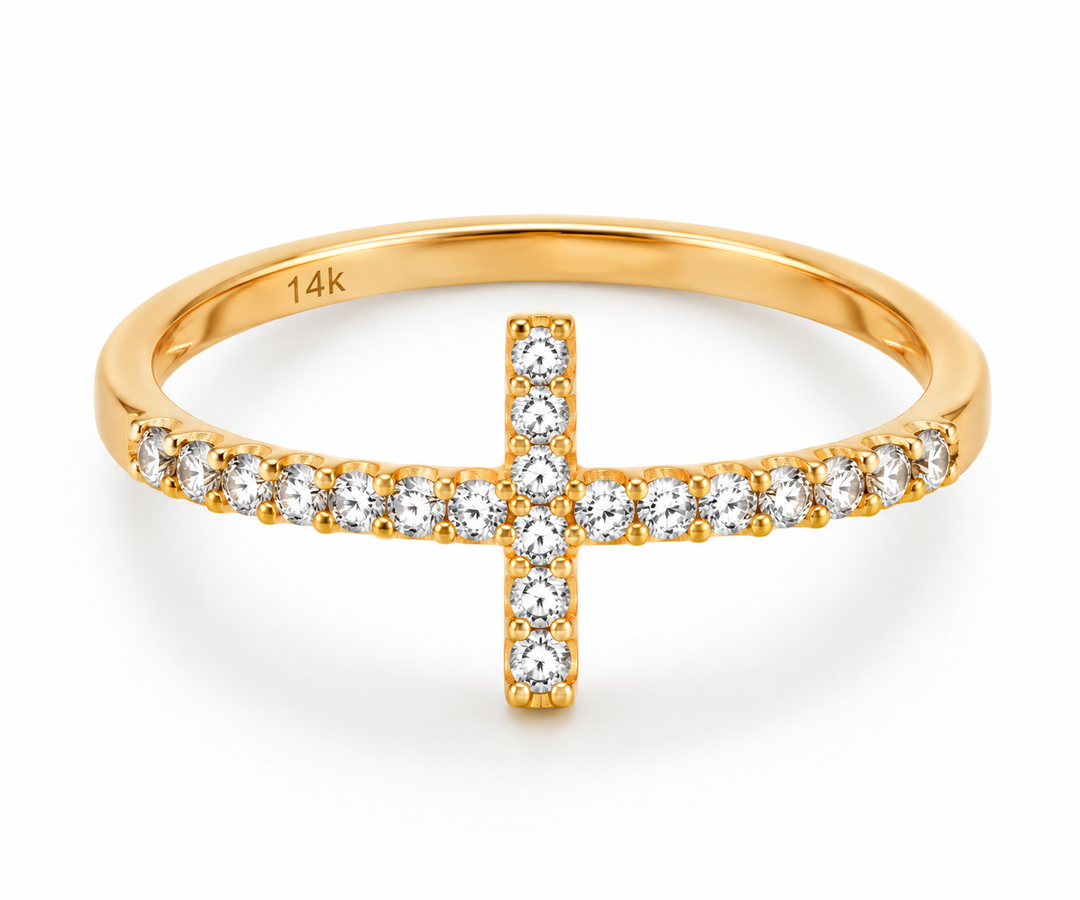 14K CZ Yellow Gold Full Cross Ring