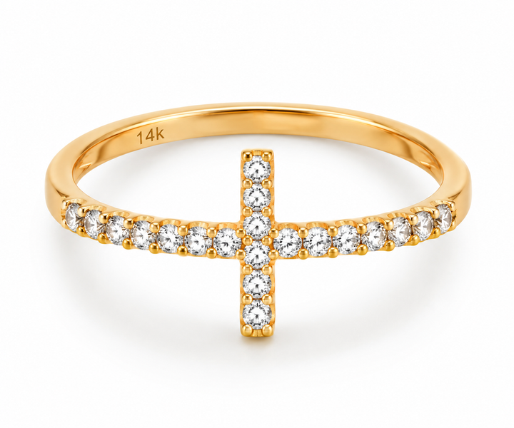 14K CZ Yellow Gold Full Cross Ring