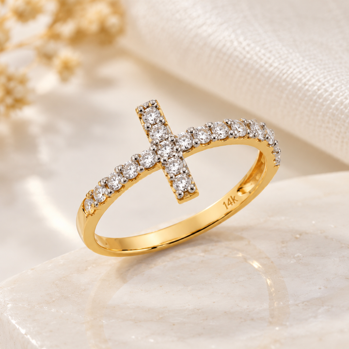 14K CZ Yellow Gold Full Cross Ring