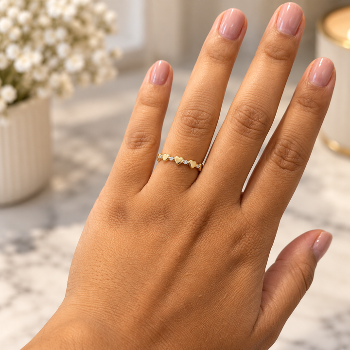 14k CZ Yellow Gold Heart Semi-Eternity Band