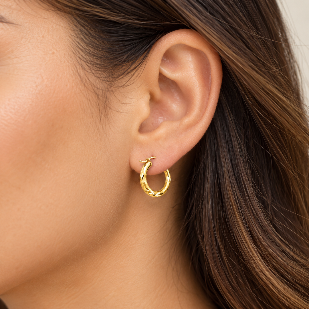 14K Yellow Gold Diamond Cut Small Hoop Earrings