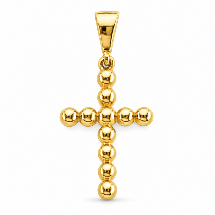14K yellow gold bead cross pendant, front view