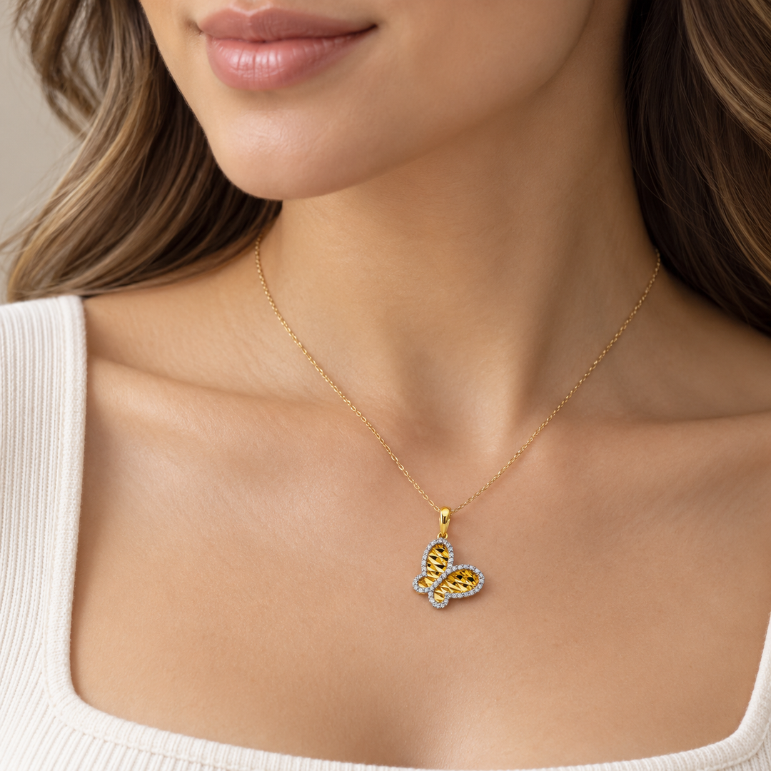 14K Yellow Gold Pave Butterfly Pendant