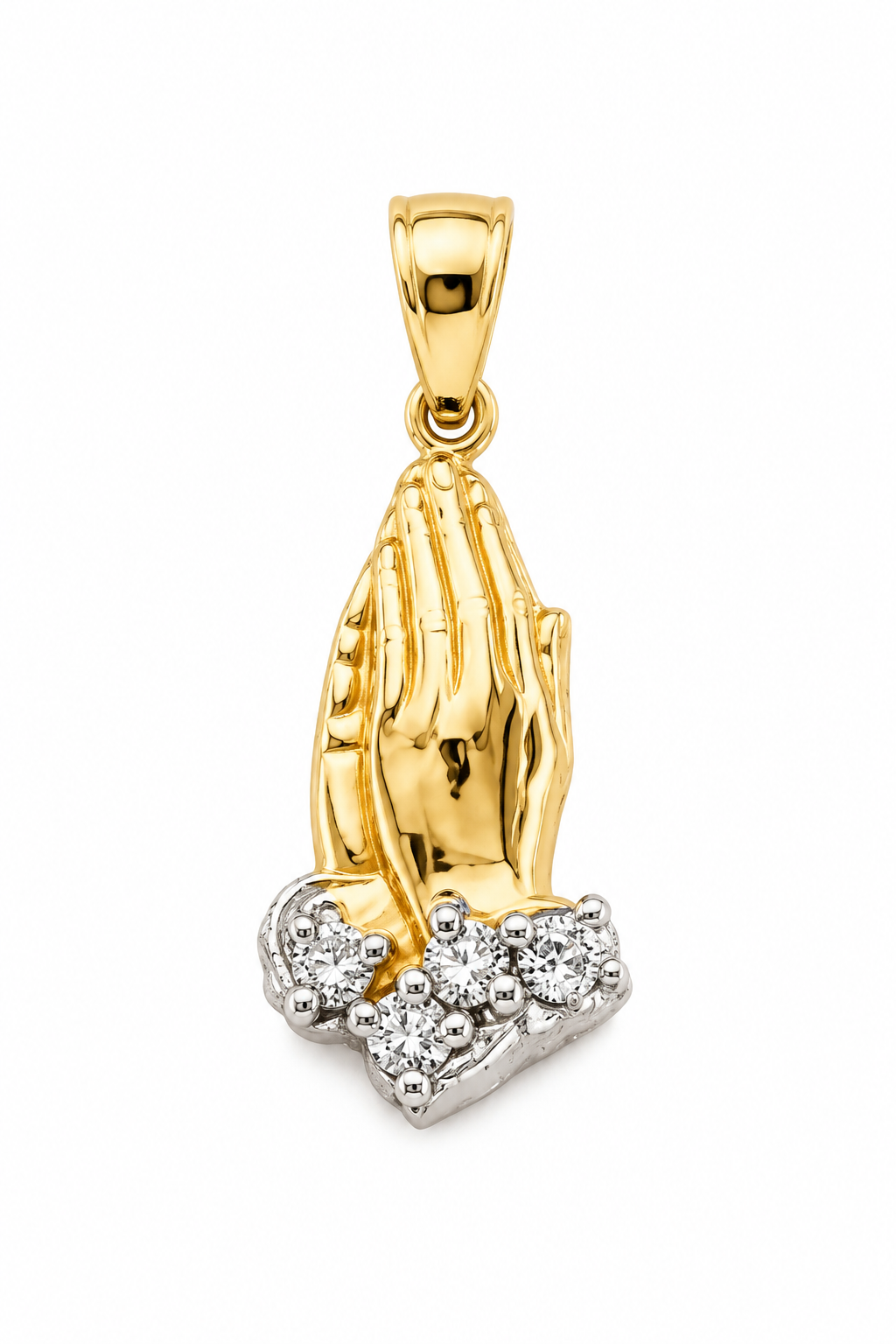 14K yellow gold praying hands pendant with white CZ stones, alternate view