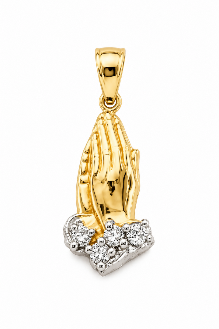 14K yellow gold praying hands pendant with white CZ stones, alternate view
