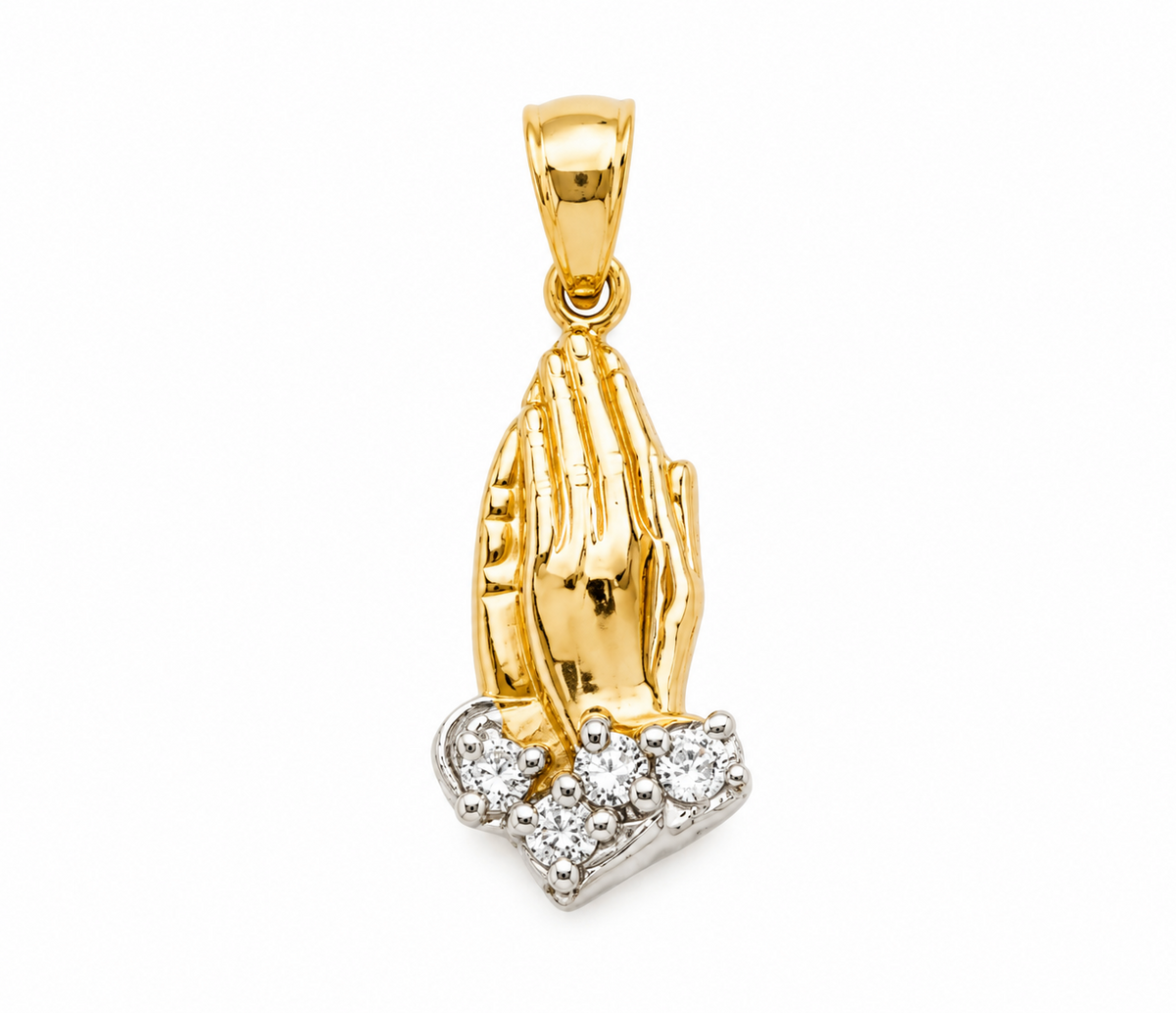 14K yellow gold praying hands pendant with white CZ stones, front view