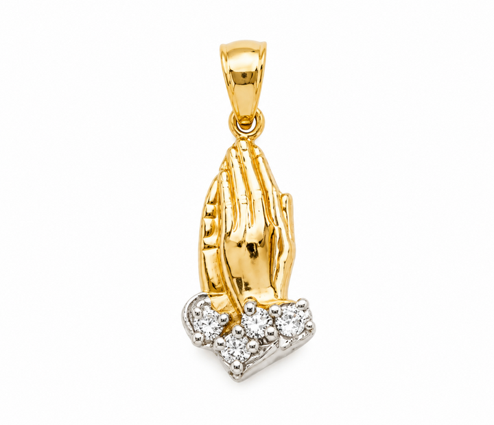14K yellow gold praying hands pendant with white CZ stones, front view