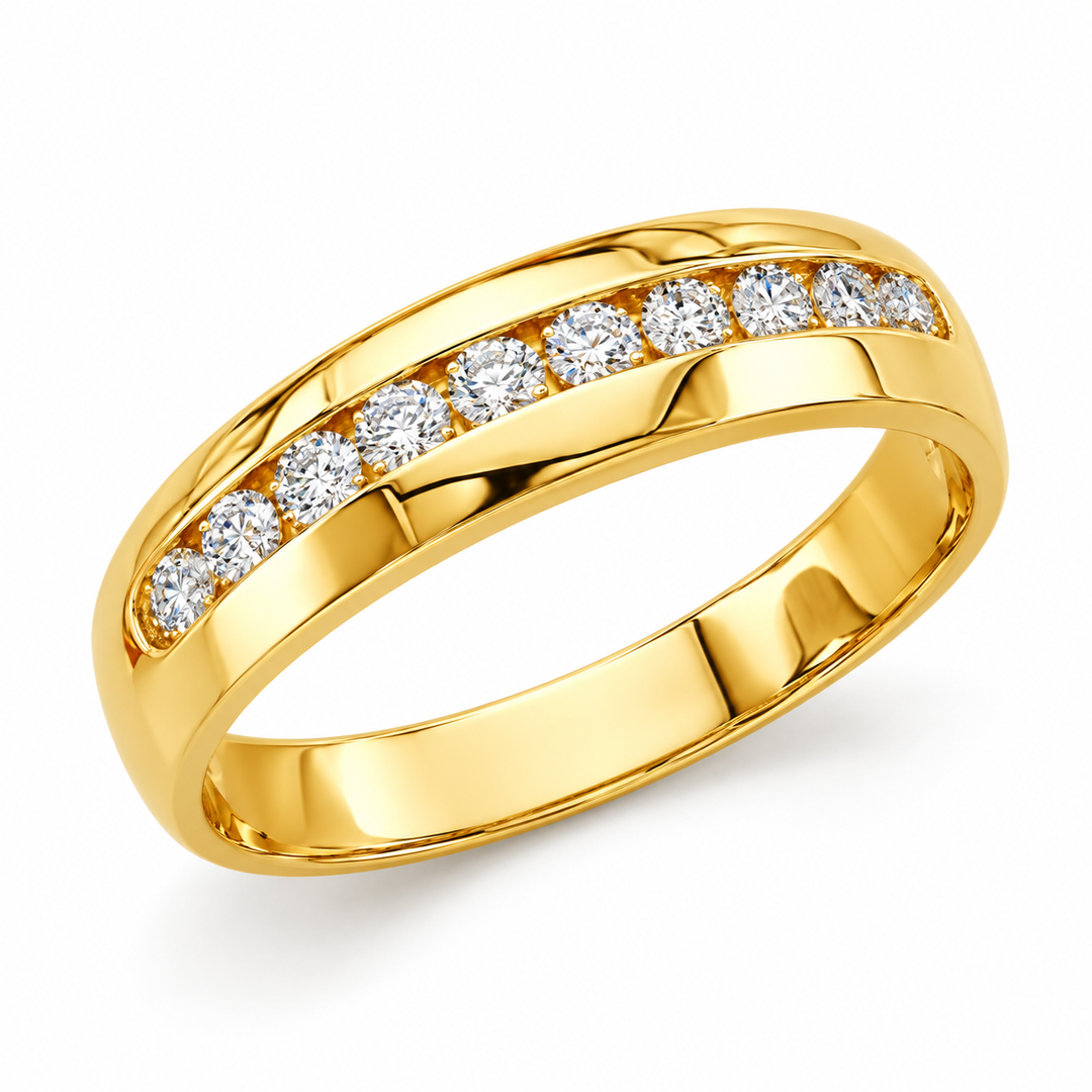 14K yellow gold half eternity band, front studio view