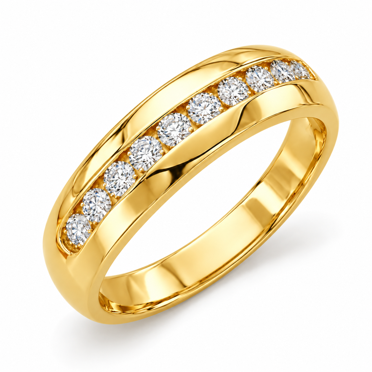 14K yellow gold half eternity band, alternate studio angle