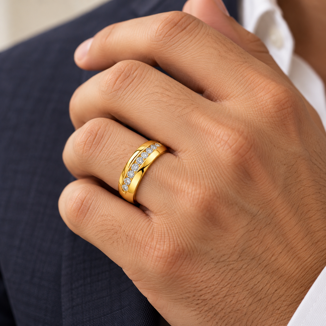 14K yellow gold half eternity band worn on hand