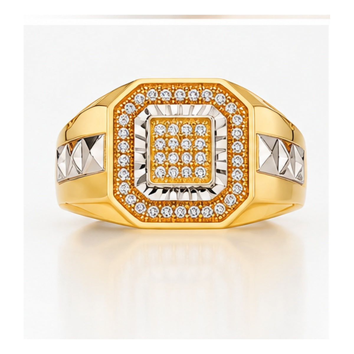LSJ-RG2965 14K yellow gold white CZ diamond-cut men's ring front view