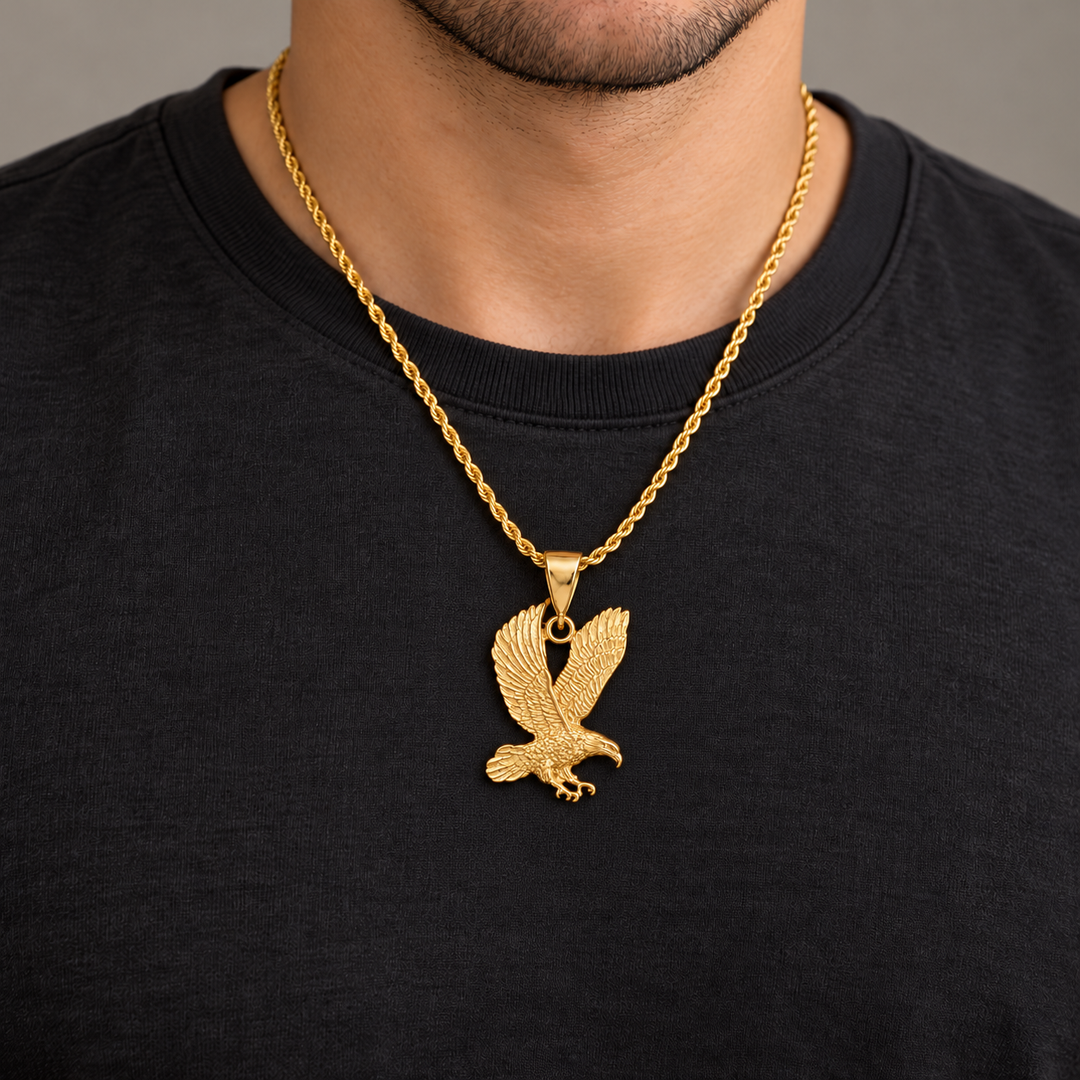 Model wearing the 5.5 cm tall LSJ-XLG33 gold plated eagle pendant; chain shown for styling