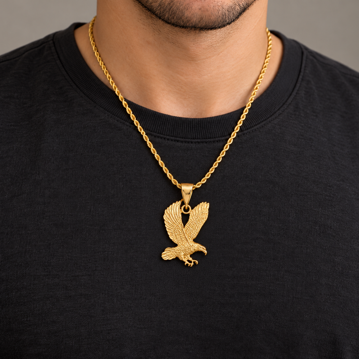 Model wearing the 5.5 cm tall LSJ-XLG33 gold plated eagle pendant; chain shown for styling