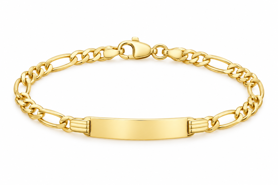 14K yellow gold baby Figaro ID bracelet, 6 inches, 3.9 grams, on white background
