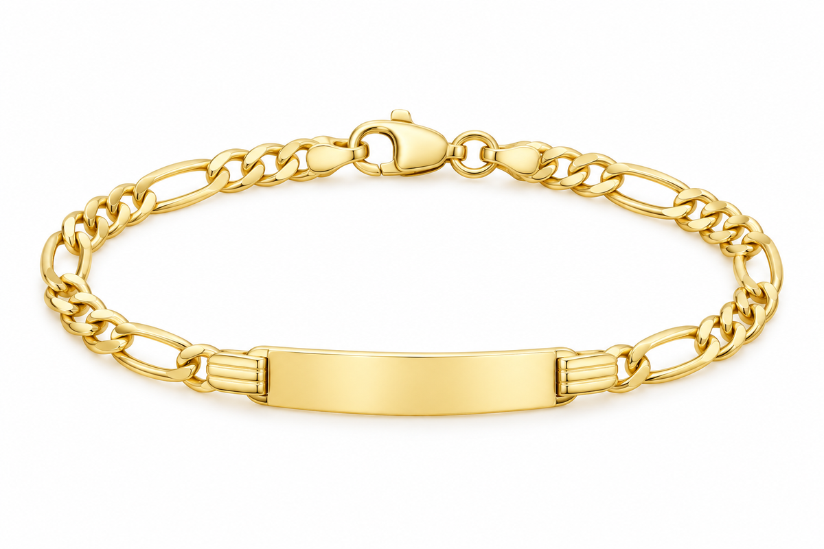 14K yellow gold baby Figaro ID bracelet, 6 inches, 3.9 grams, on white background