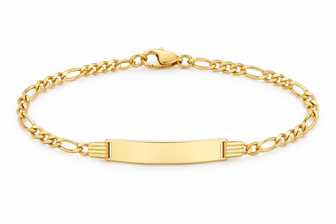 14K yellow gold baby Figaro ID bracelet, 6 inches, 2.6 grams, on white background