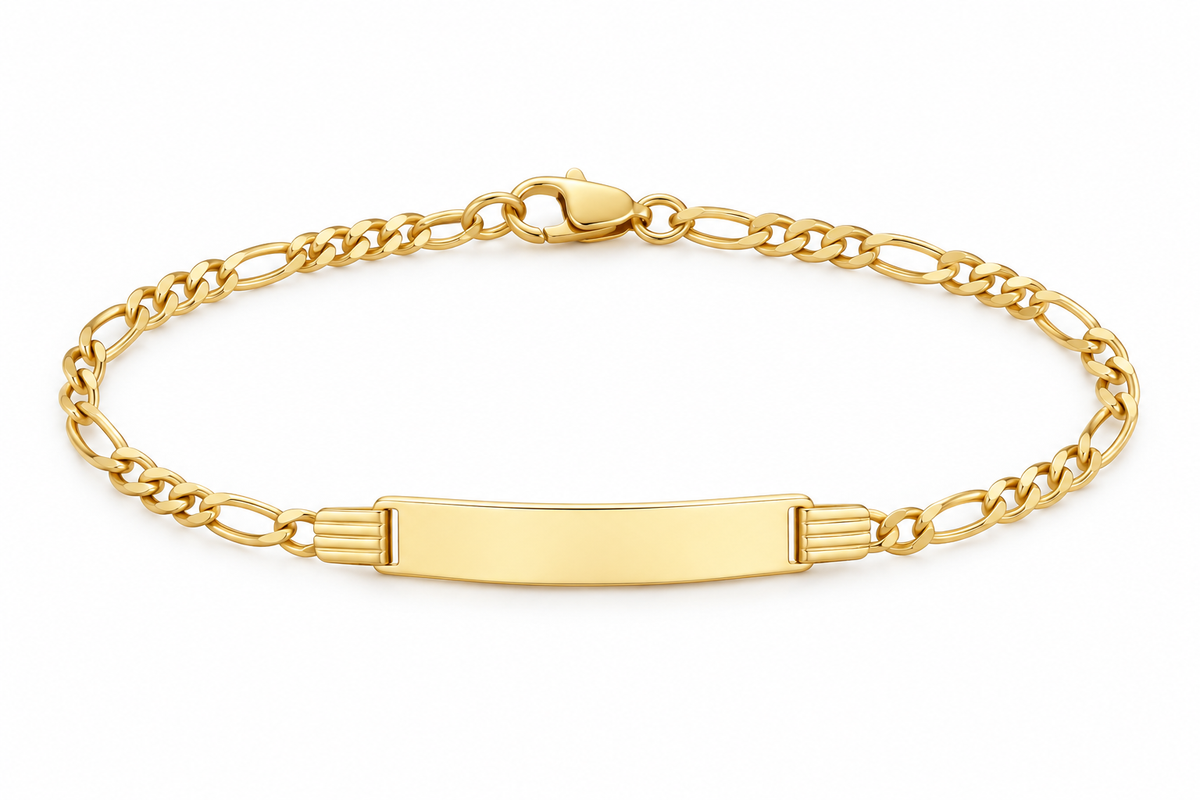 14K yellow gold baby Figaro ID bracelet, 6 inches, 2.6 grams, on white background