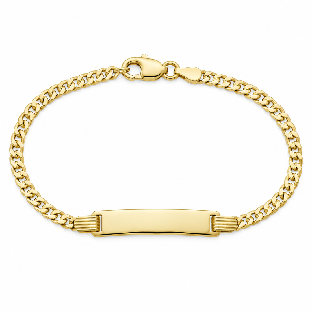 14K Yellow Gold Baby Curb ID Bracelet — 2.5 g, 6 inches, on white background
