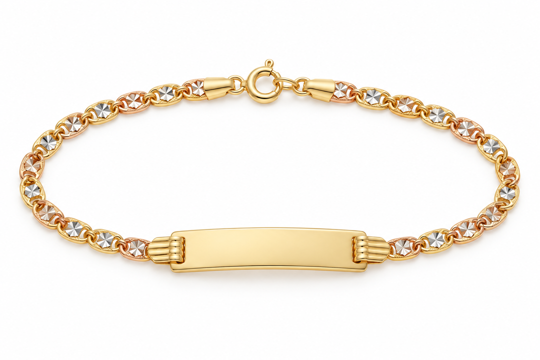 14K tri-color gold baby ID bracelet, 6 inches, on white background