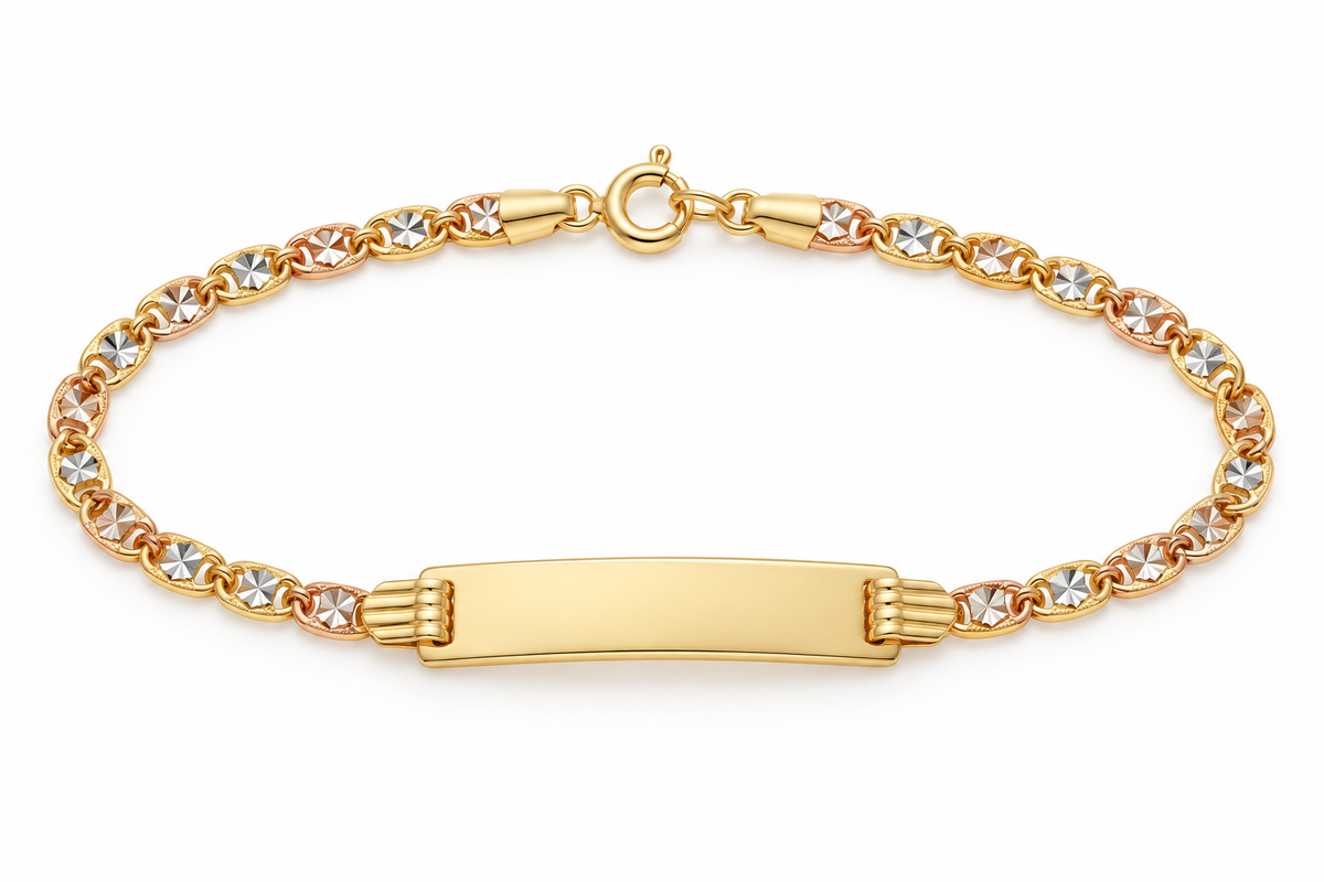 14K tri-color gold baby ID bracelet, 6 inches, on white background