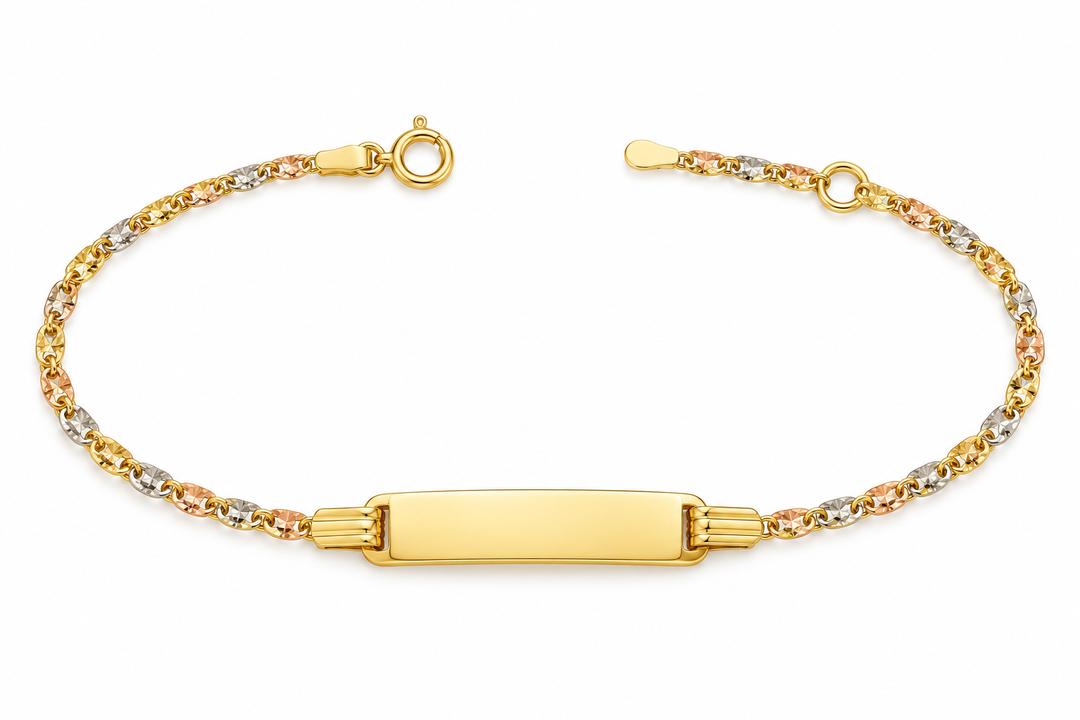 14K tri-color gold baby ID bracelet, adjustable 5 to 6 inches, on white background