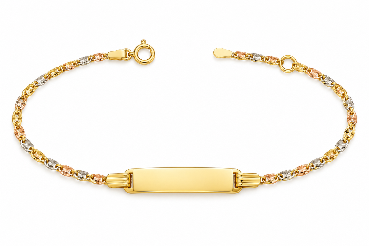 14K tri-color gold baby ID bracelet, adjustable 5 to 6 inches, on white background