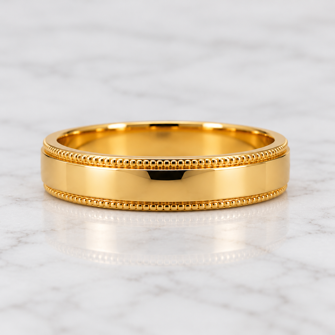 14K Yellow Gold Milgrain Wedding Band 4 mm front view