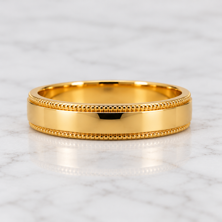 14K Yellow Gold Milgrain Wedding Band 4 mm front view