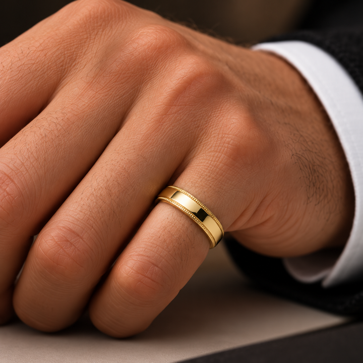 14K Yellow Gold Milgrain Wedding Band 4 mm on model