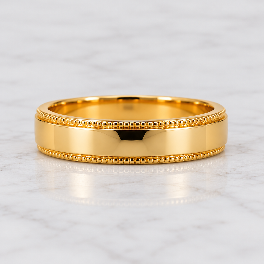 14K Yellow Gold Milgrain Wedding Band 5 mm front view