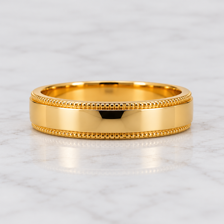 14K Yellow Gold Milgrain Wedding Band 5 mm front view