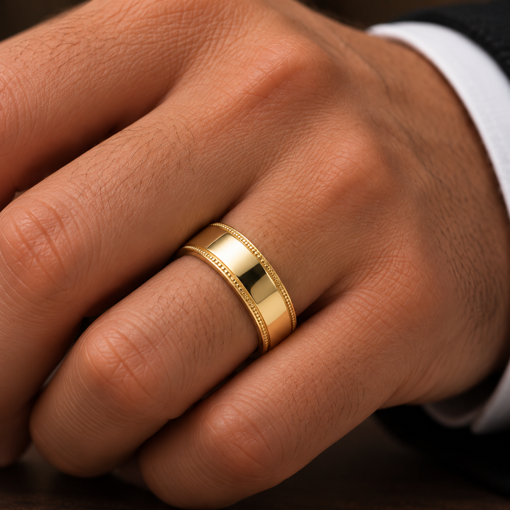 14K Yellow Gold Milgrain Wedding Band 5 mm on model
