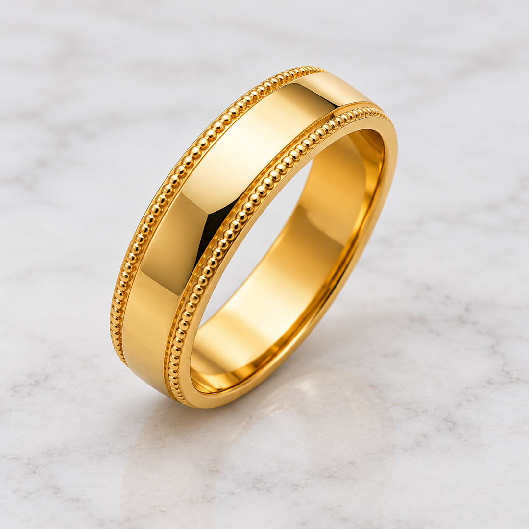 14K Yellow Gold Milgrain Wedding Band 5 mm side view