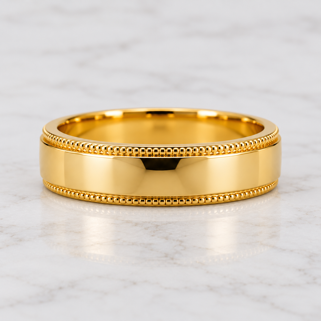 14K Yellow Gold Milgrain Wedding Band 6 mm front view