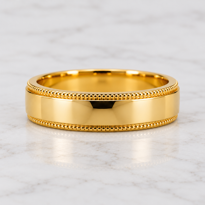14K Yellow Gold Milgrain Wedding Band 6 mm front view