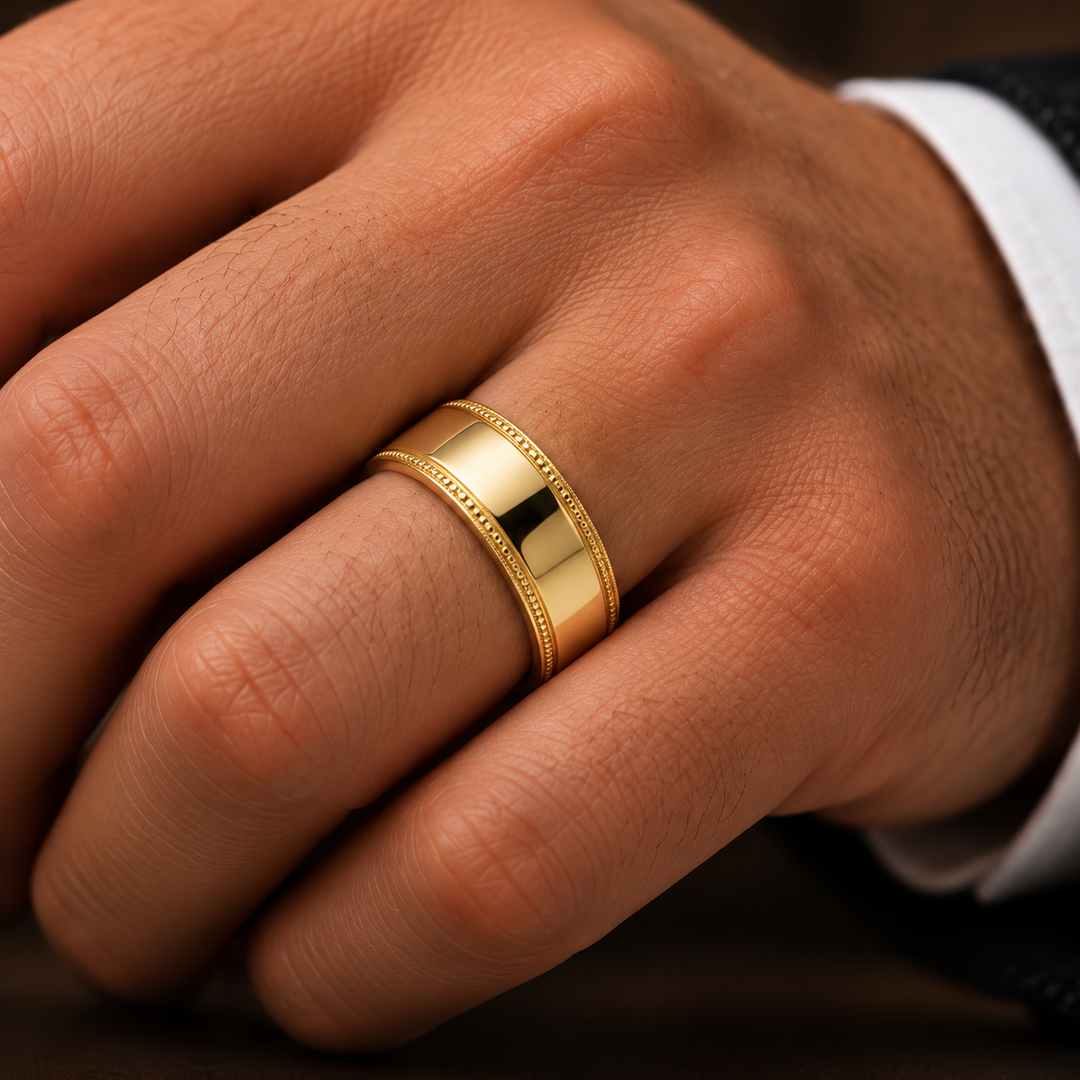 14K Yellow Gold Milgrain Wedding Band 6 mm on model