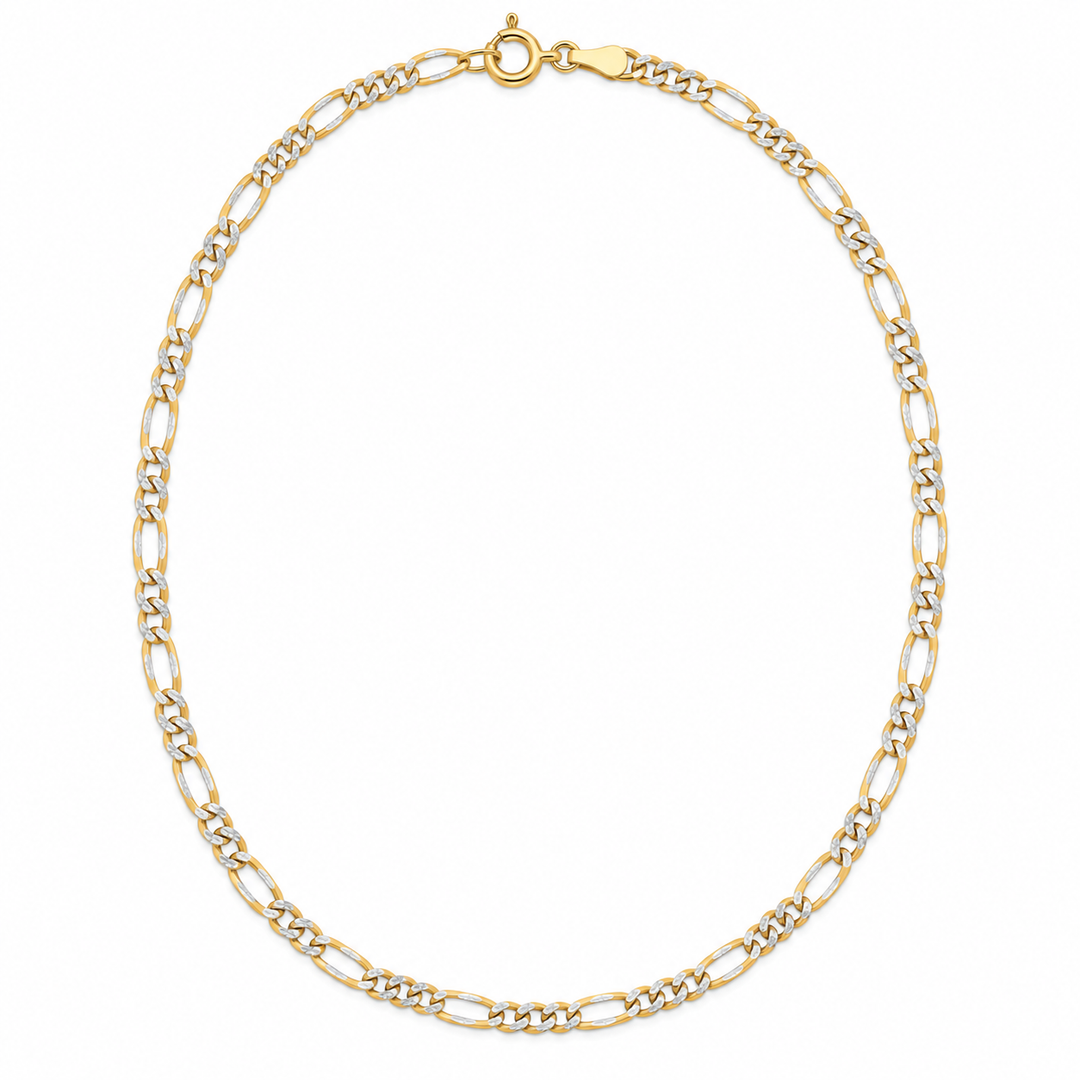 14K Yellow Gold Figaro 3+1 White Pave Chain — 2.1 mm on white background