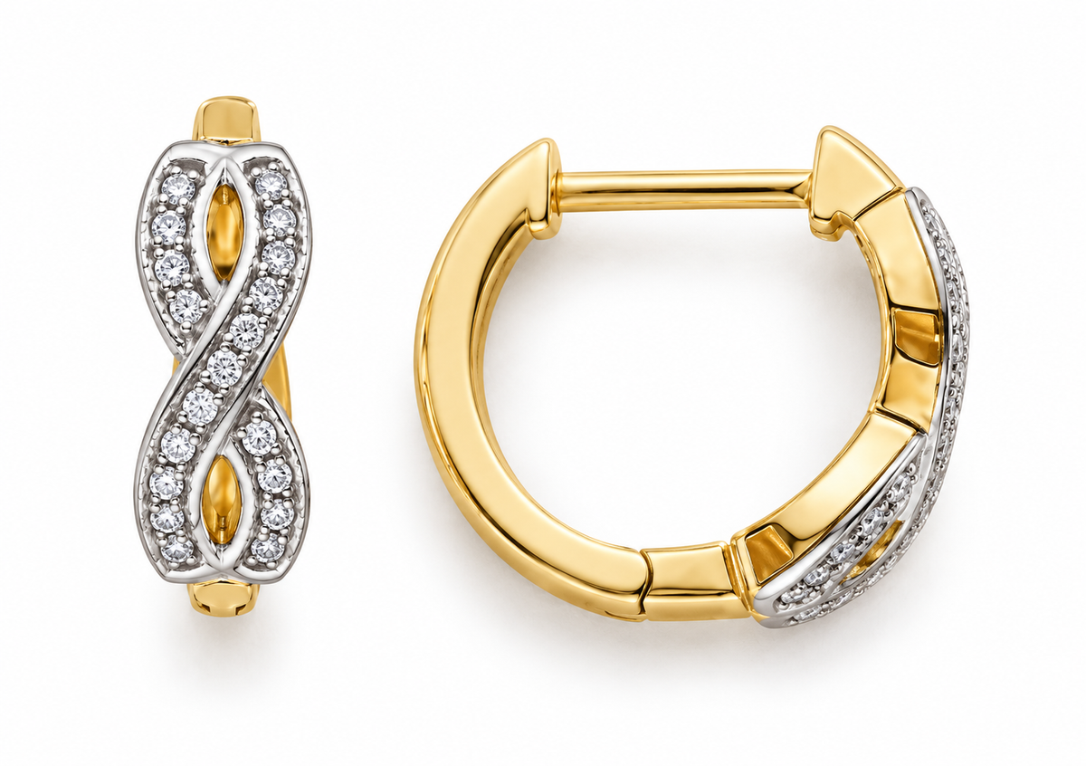 14K Yellow Gold Infinity White Accent Hinged Hoop Earrings, pair on white background