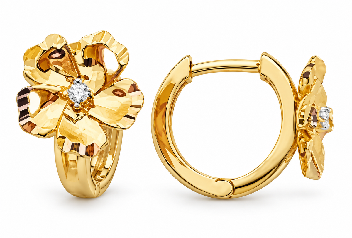 14K Yellow Gold Faceted Flower Hinged Hoop Earrings, pair on white background