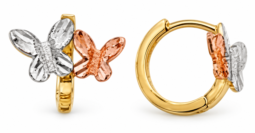14K Tri-Color Gold Double Butterfly Hinged Hoop Earrings, pair on white background