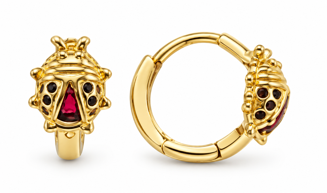 14K Yellow Gold Ladybug Hinged Hoop Earrings, pair on white background