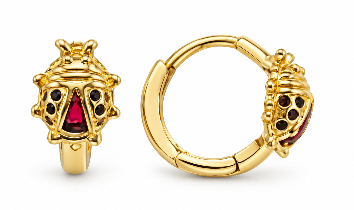 14K Yellow Gold Ladybug Hinged Hoop Earrings, pair on white background