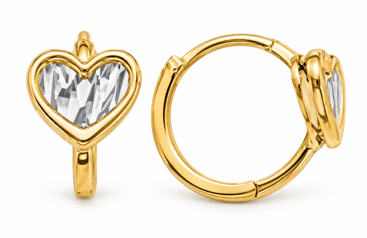 14K Two-Tone Gold Textured Heart Hinged Hoop Earrings, pair on white background
