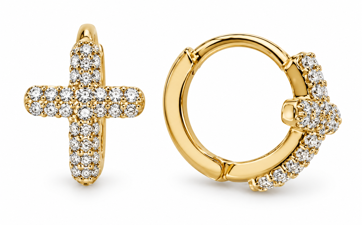 14K Yellow Gold Cross White Accent Hinged Hoop Earrings, pair on white background