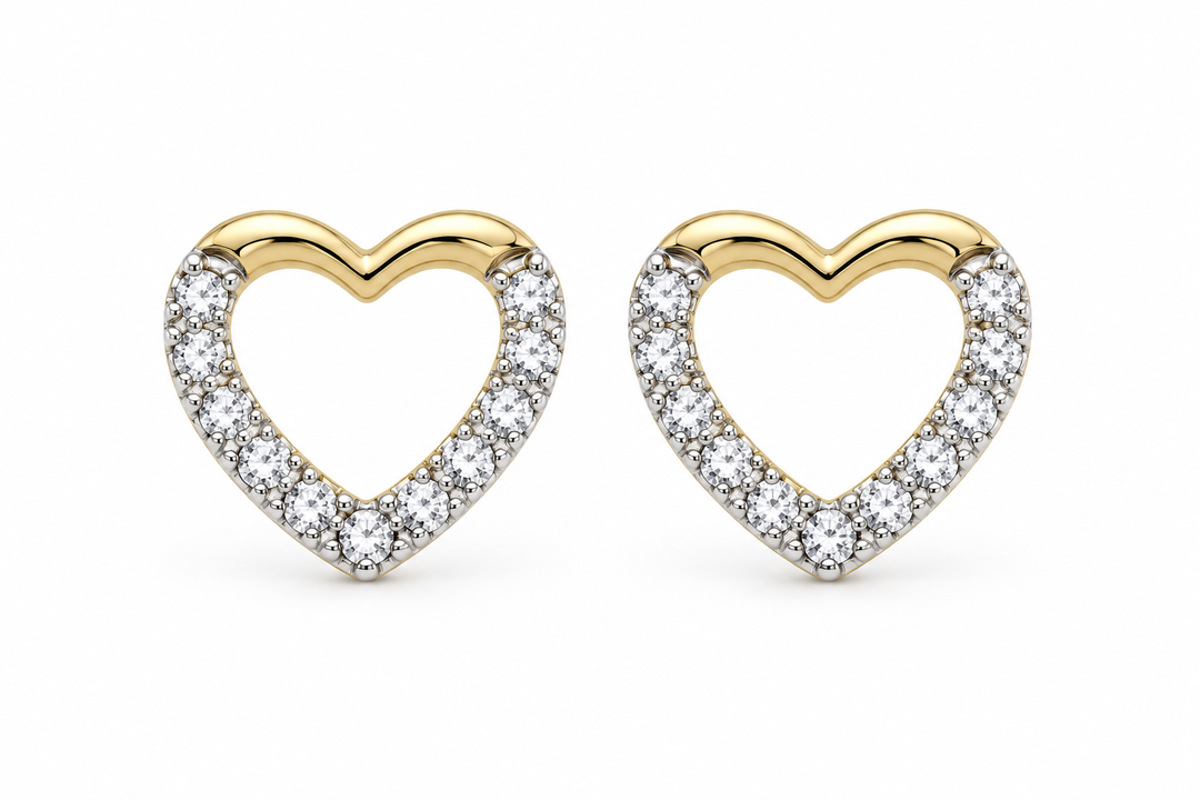 14K Yellow Gold White Accent Open Heart Stud Earrings, matching pair on white background